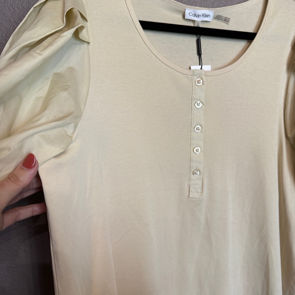 Calvin Klein 1x Plus Size Beige Tan Puff Sleeve Top Buttons Ribbed NEW NWT - Picture 3 of 10
